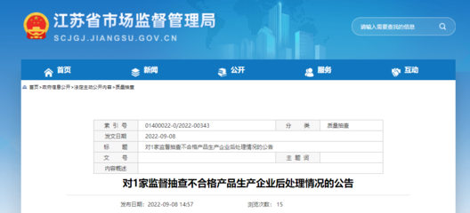 江蘇省市場監管局公布對1家監督抽查不合格產品(安全帽)生產企業后處理情況